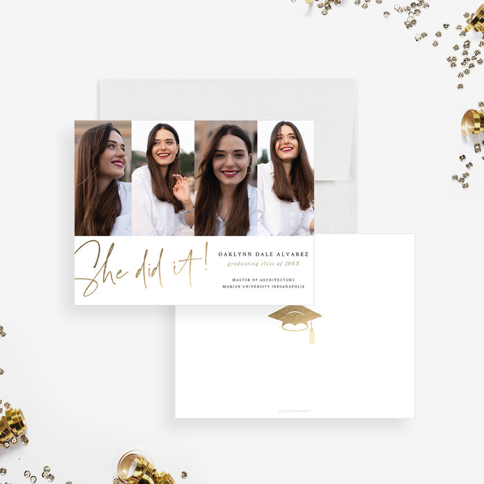 Elegant Graduation Party Invitation Card with Gold Cap Design, Personalized Minimalist Grad Party Invites