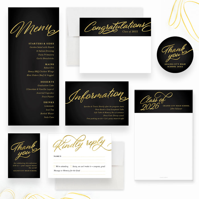 Elegant Black Gold Graduation Invitation Script Design