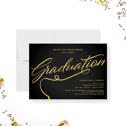 Elegant black and gold graduation invitation with gold script lettering and formal commencement details-front