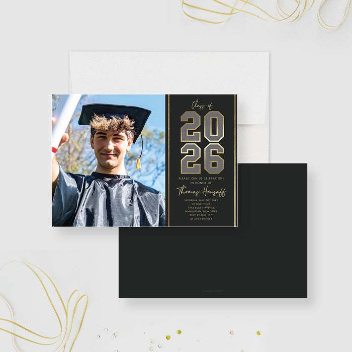 Elegant Class of 2026 graduation party invitation featuring a sophisticated black and gold theme with space for a graduate's photo and stylish lettering-front-back