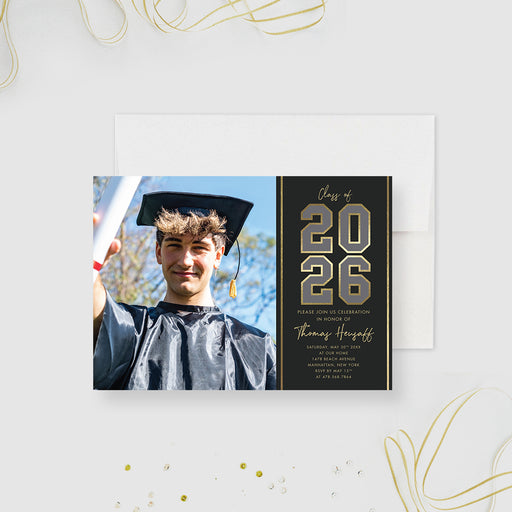 Elegant Class of 2026 graduation party invitation featuring a sophisticated black and gold theme with space for a graduate's photo and stylish lettering-front
