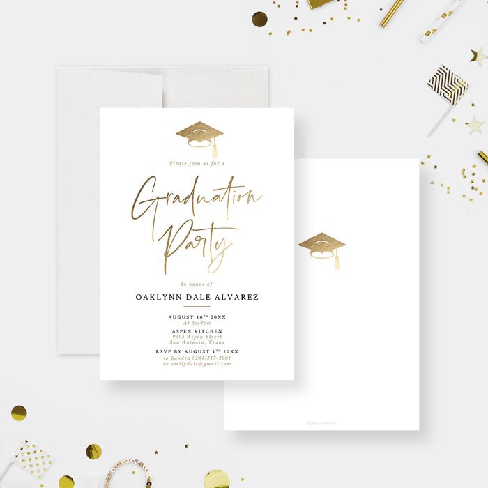 Elegant Graduation Party Invitation Card with Gold Cap Design, Personalized Minimalist Grad Party Invites