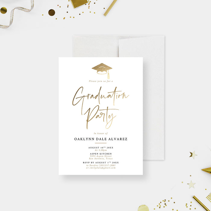 Elegant Graduation Party Invitation Card with Gold Cap Design, Personalized Minimalist Grad Party Invites