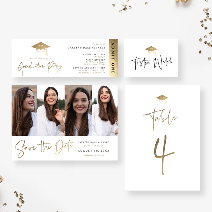 Elegant Graduation Party Invitation Card with Gold Cap Design, Personalized Minimalist Grad Party Invites