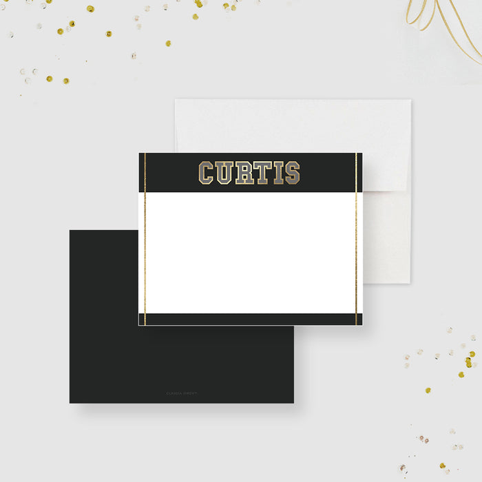 Modern Graduation Thank You Card Personalized with Your Name, Stationery Note Card for Boys and Teens in Black and Gold