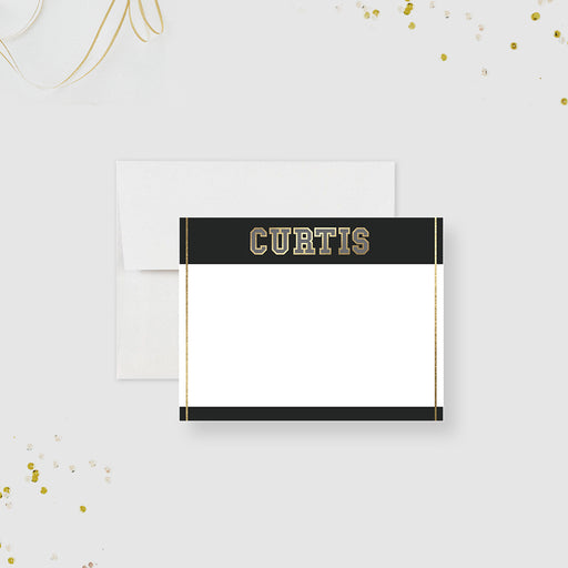 Black and gold personalized note card with custom name header and minimalist layout, perfect for graduation thank you messages-front