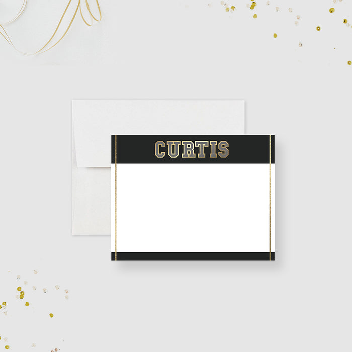 Black and gold personalized note card with custom name header and minimalist layout, perfect for graduation thank you messages-front