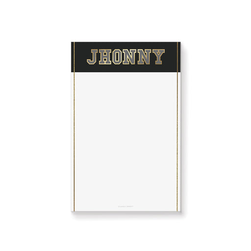 Personalized black and gold notepad with bold name header and clean minimalist layout for graduation party favor or everyday stationery.