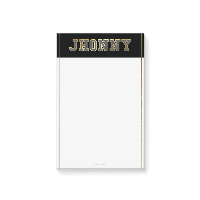 Personalized black and gold notepad with bold name header and clean minimalist layout for graduation party favor or everyday stationery.