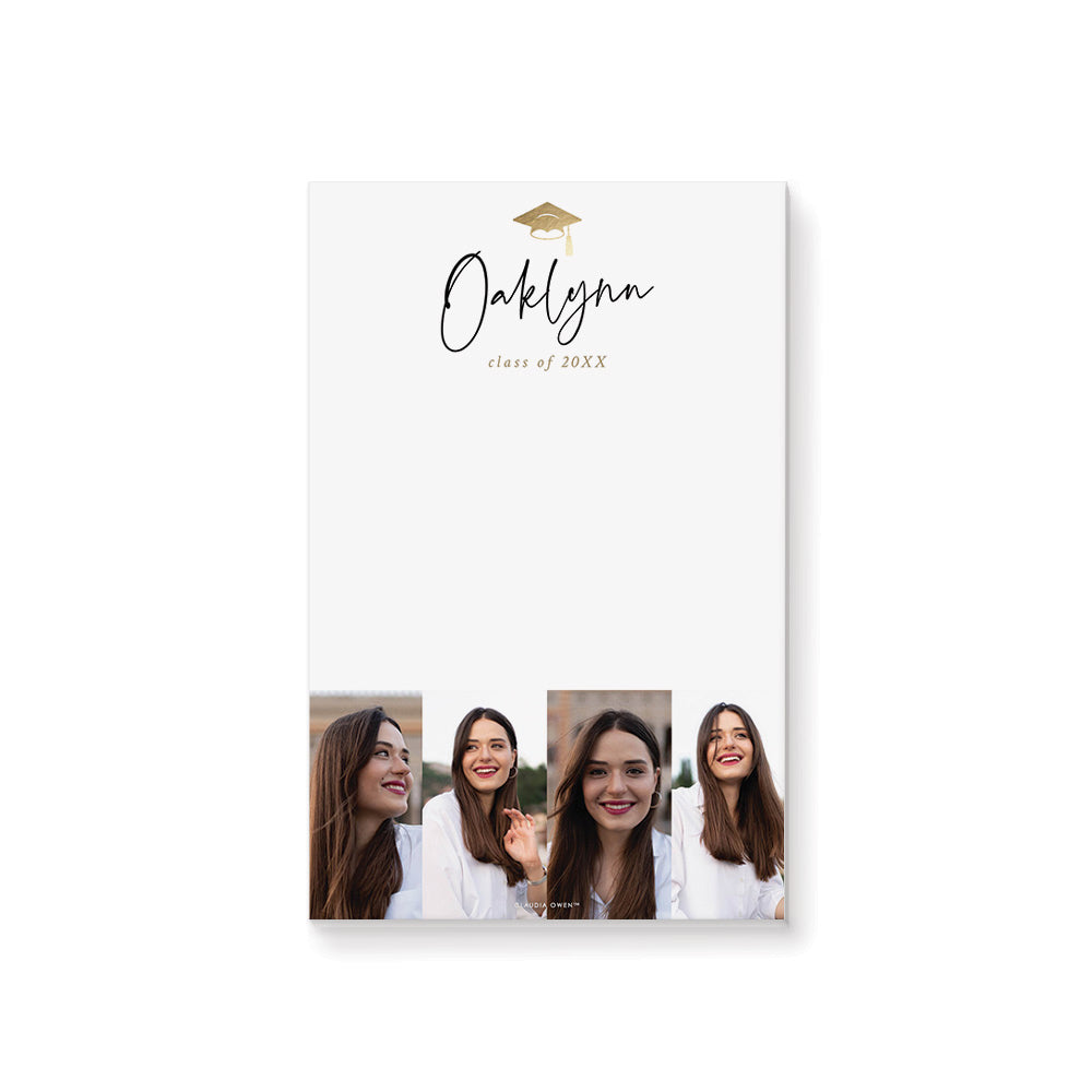 Graduation Note Pad Design Elegant Gold Cap Graduation Notepad with Your Name and Photos, Custom