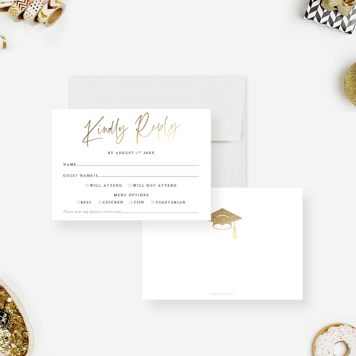 Elegant Graduation Party Invitation Card with Gold Cap Design, Personalized Minimalist Grad Party Invites