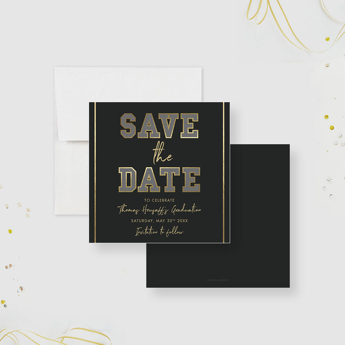 Black and gold graduation save the date card with bold lettering and elegant layout for a Class of 2026 celebration-front-back
