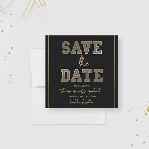 Black and gold graduation save the date card with bold lettering and elegant layout for a Class of 2026 celebration-front