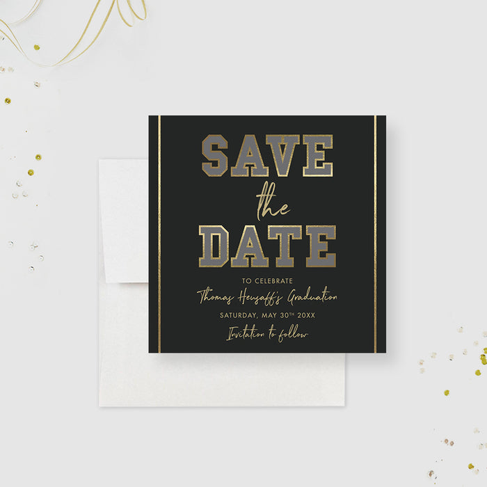 Black and gold graduation save the date card with bold lettering and elegant layout for a Class of 2026 celebration-front