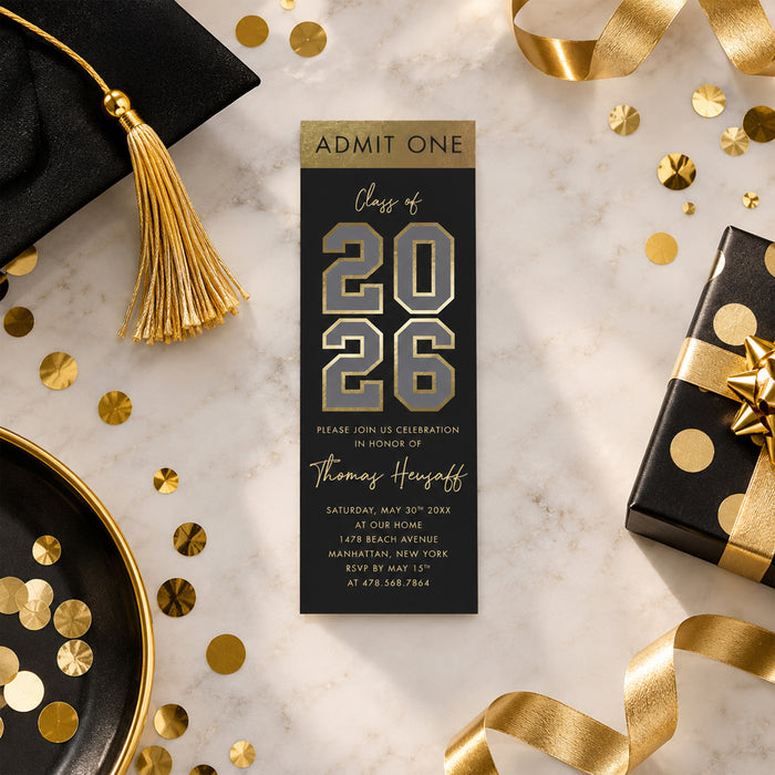 Class of 2026 graduation ticket invitation with bold, modern lettering for high school or college graduation celebrations