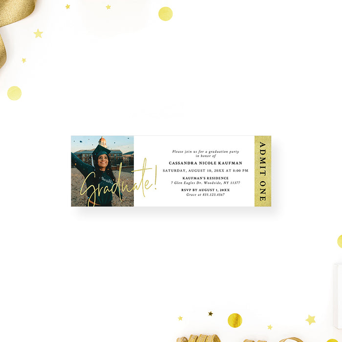 Chic Graduation Party Ticket Invitation with Custom Photo, Unique Grad Party Ticket Invites in Gold and White with Picture