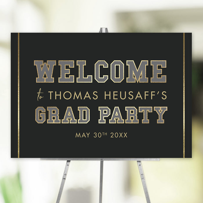Black and gold graduation welcome sign with bold lettering for high school or college grad party celebrations