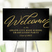Black and gold graduation welcome sign with elegant script typography, Class of 20XX event entrance décor.