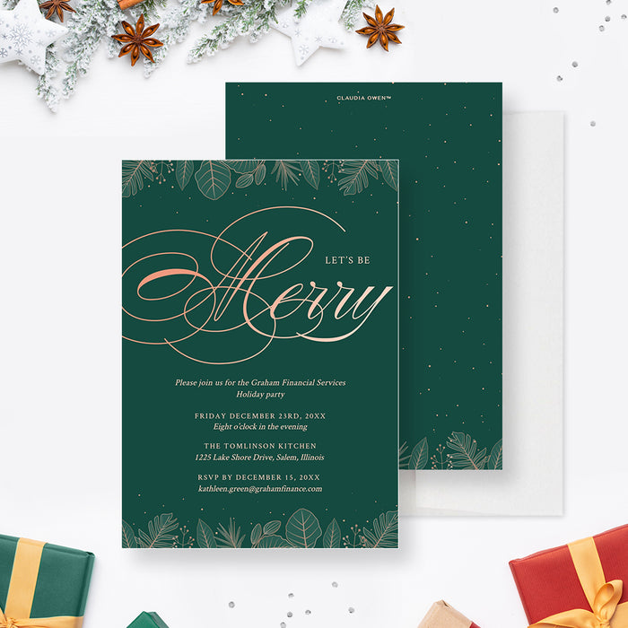 Elegant green and gold Christmas party invitation featuring modern script typography and botanical accents