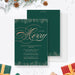 Elegant green and gold Christmas party invitation featuring modern script typography and botanical accents