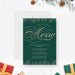 Elegant green and gold Christmas party invitation featuring modern script typography and botanical accents