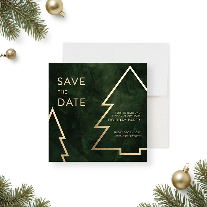Elegant gold Christmas tree Save the Date card for office holiday party