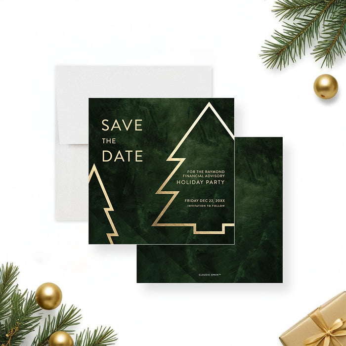 Corporate holiday Save the Date card with modern gold Christmas tree design