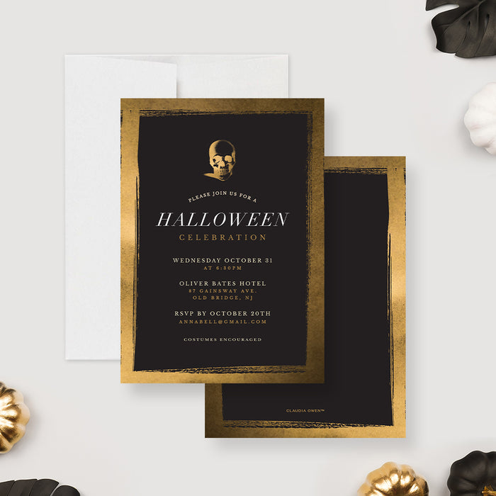 Elegant black and gold Halloween invitation printable featuring a gothic skull design. Editable digital template for parties and celebrations. Instant download.