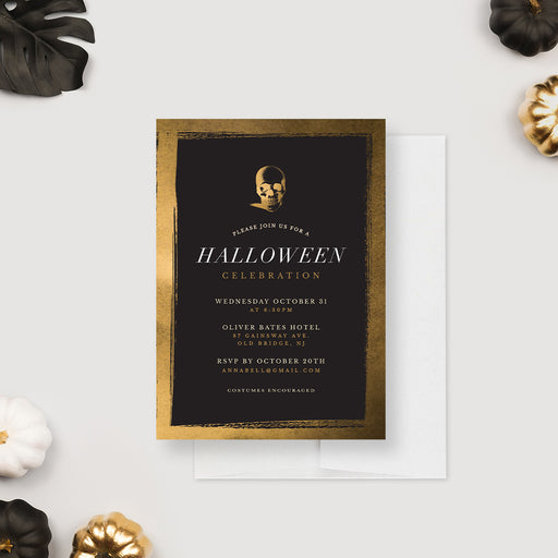 Elegant black and gold Halloween invitation featuring a gothic skull design. Editable digital template for parties and celebrations. 