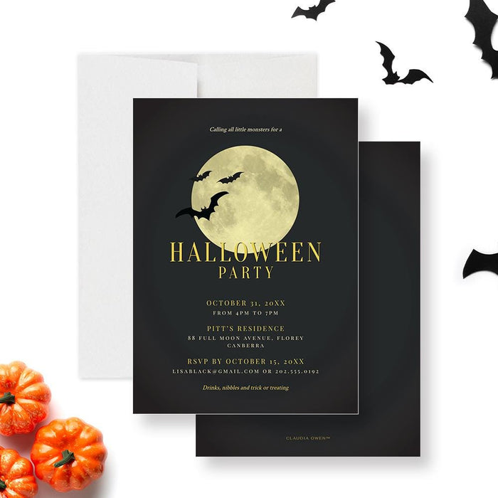 Elegant Halloween party invitation featuring a large full moon, flying bats, and gold text on a dark background