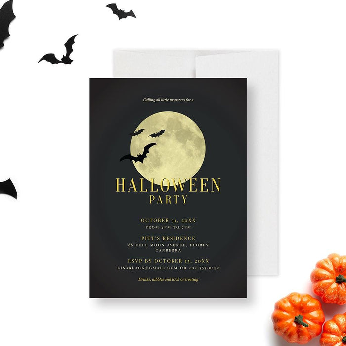 Elegant Halloween party invitation featuring a large full moon, flying bats, and gold text on a dark background
