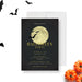 Elegant Halloween party invitation featuring a large full moon, flying bats, and gold text on a dark background