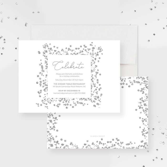 Elegant holiday celebration digital invitation template with sparkling border and personalized event details 