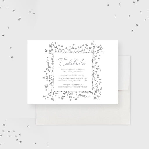 Elegant holiday celebration digital invitation template with sparkling border and personalized event details 