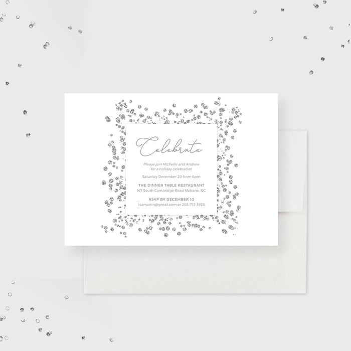 Elegant holiday celebration digital invitation template with sparkling border and personalized event details 