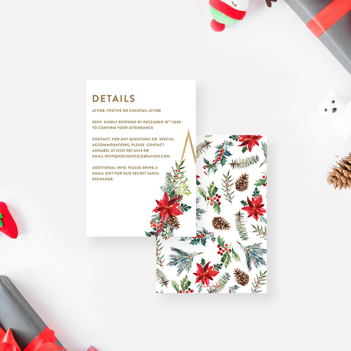 Unique Holiday Invitation Card with Poinsettia Flower Illustrations, Christmas Eve Dinner Party Invitations