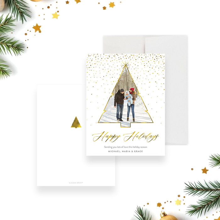 Family photo Christmas card with gold tree frame and holiday greeting design featuring personalized photo and festive gold accents-front-back