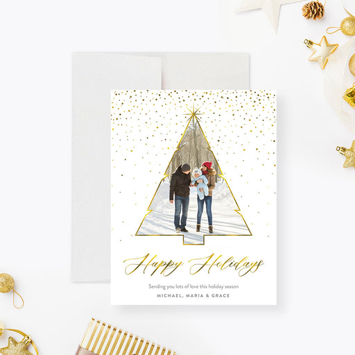 Family photo Christmas card with gold tree frame and holiday greeting design featuring personalized photo and festive gold accents-front