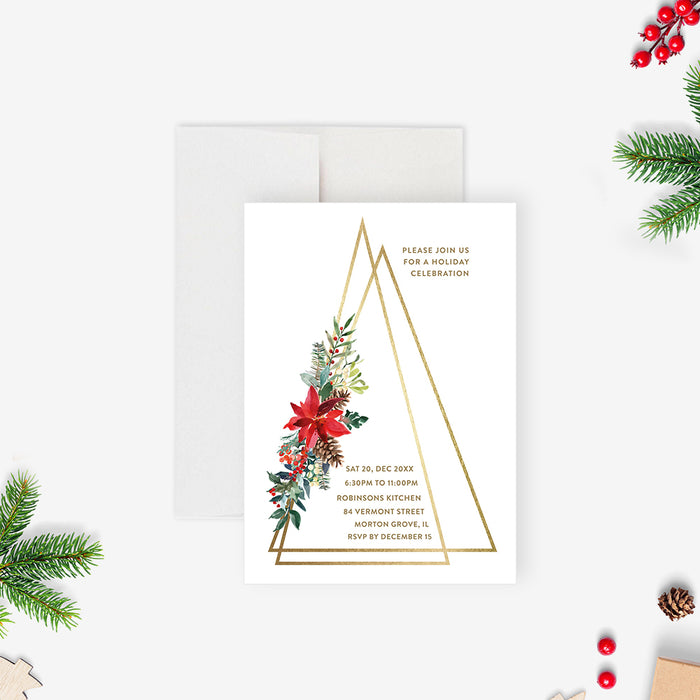 Unique Holiday Invitation Card with Poinsettia Flower Illustrations, Christmas Eve Dinner Party Invitations