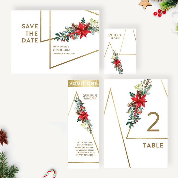 Unique Holiday Invitation Card with Poinsettia Flower Illustrations, Christmas Eve Dinner Party Invitations