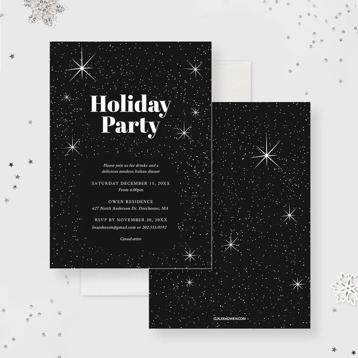 Elegant black holiday party invitation featuring white text and a starry night background, perfect for corporate Christmas or festive celebrations.