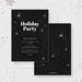 Elegant black holiday party invitation featuring white text and a starry night background, perfect for corporate Christmas or festive celebrations.
