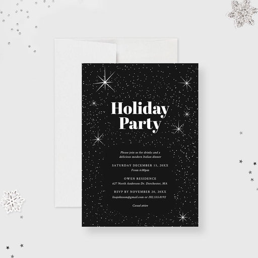 Elegant black holiday party invitation featuring white text and a starry night background, perfect for corporate Christmas or festive celebrations.