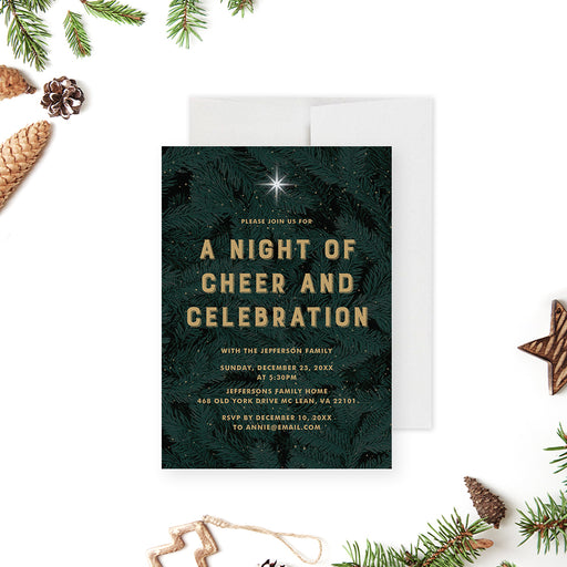 Personalized holiday party invitation with pine branch design elegant Christmas card for festive gatherings-front