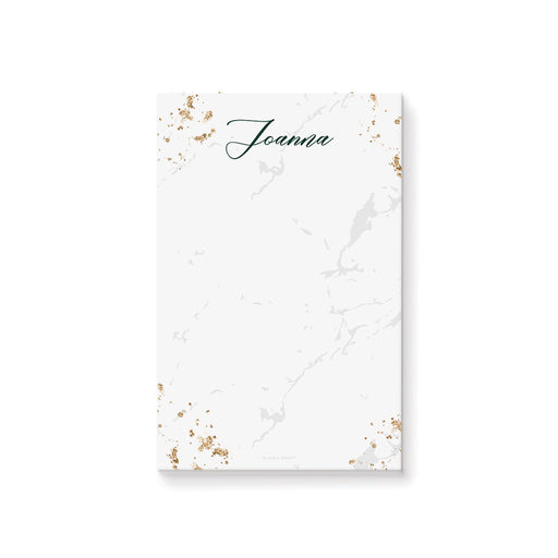 Personalized notepad featuring elegant white marble design with gold accents