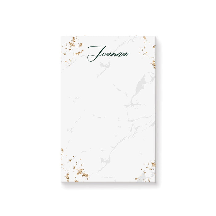 Personalized notepad featuring elegant white marble design with gold accents