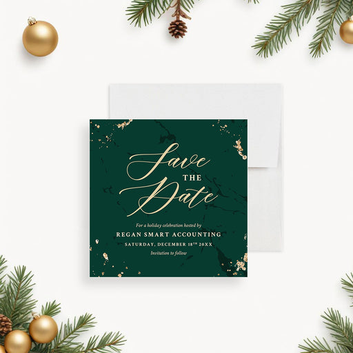 Elegant save the date card in emerald green marble and gold design, personalized for holiday or Christmas celebrations.-front