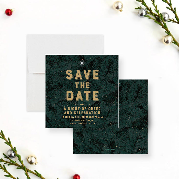 Save the date holiday invitation with pine branch design elegant Christmas card for festive celebrations-front-back