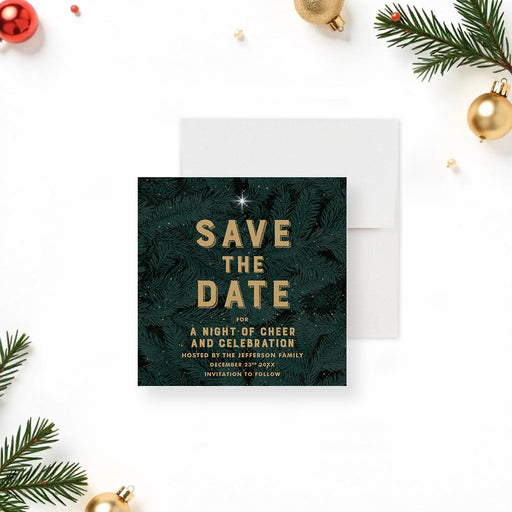 Save the date holiday invitation with pine branch design elegant Christmas card for festive celebrations-front