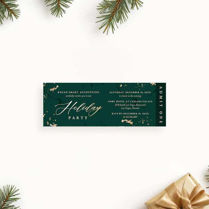Elegant green marble holiday party ticket-style invitation with gold accents for corporate Christmas event